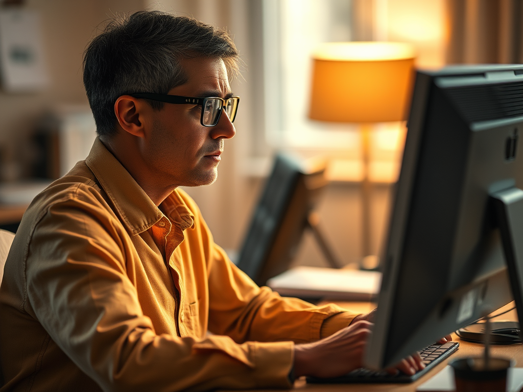 White male sat at his pc wearing an orange shirt. He is westing dark rimmed glasses.